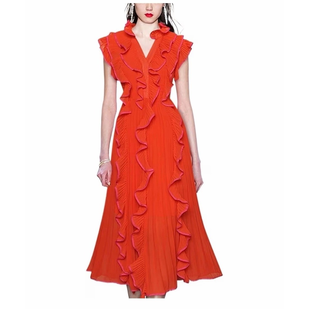 Liu Han Red Chiffon Ruffle Pleated A-Line‎ Midi Dress Size M Cocktail